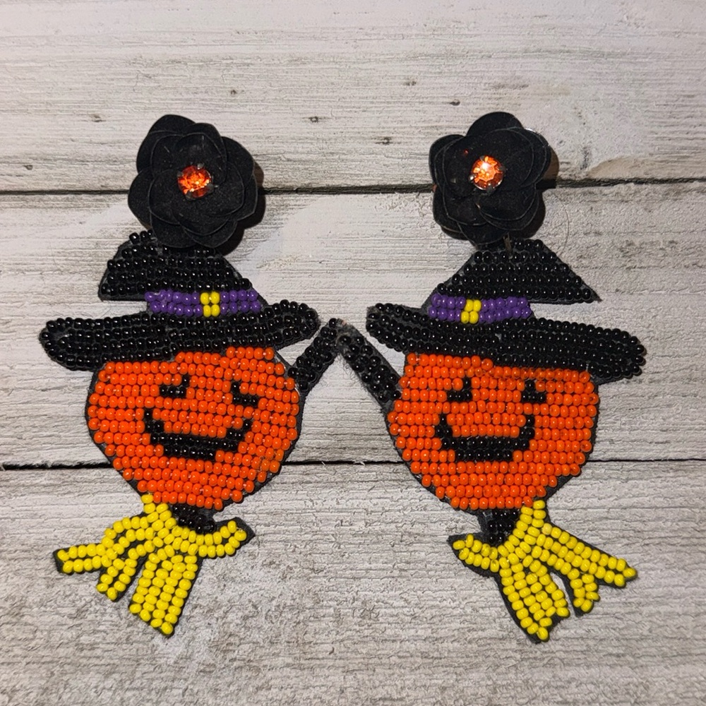 Beaded Pumpkin Witch Earrings